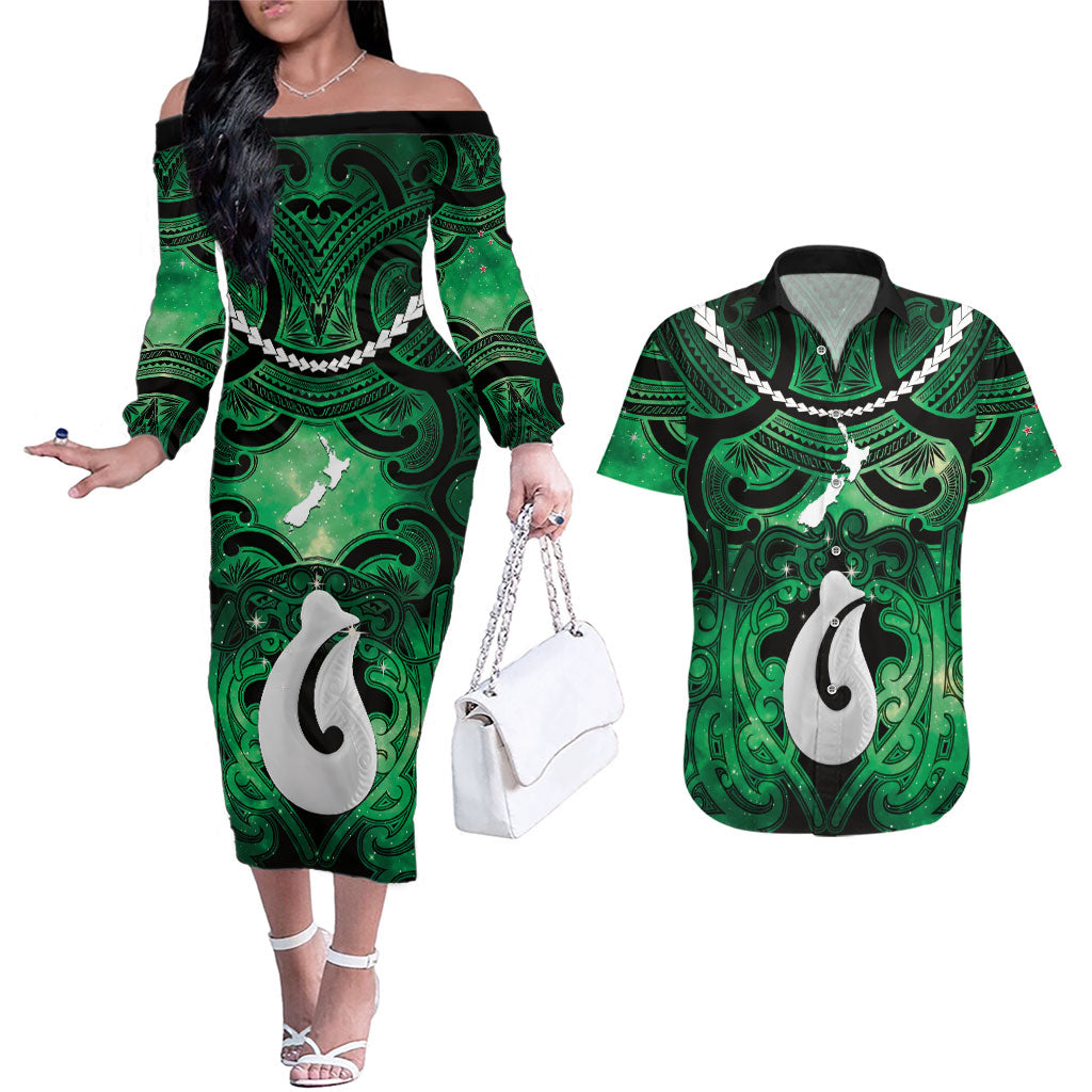 Personalised Maori Matariki Hei Matau Kakariki Couples Matching Off The Shoulder Long Sleeve Dress and Hawaiian Shirt Maori Kowhaiwhai Pattern Galaxy LT01 Green - Polynesian Pride