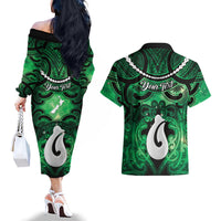 Personalised Maori Matariki Hei Matau Kakariki Couples Matching Off The Shoulder Long Sleeve Dress and Hawaiian Shirt Maori Kowhaiwhai Pattern Galaxy LT01 - Polynesian Pride