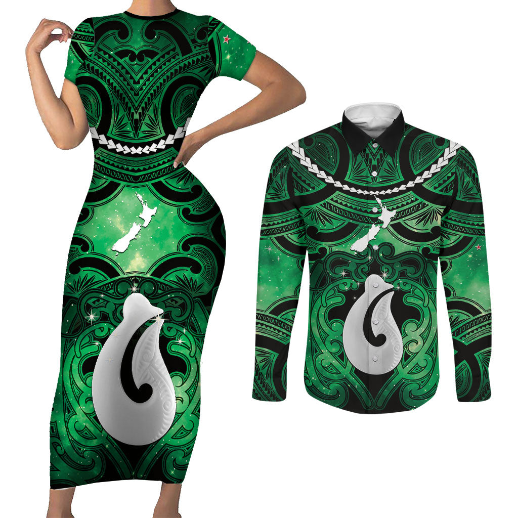 Personalised Maori Matariki Hei Matau Kakariki Couples Matching Short Sleeve Bodycon Dress and Long Sleeve Button Shirt Maori Kowhaiwhai Pattern Galaxy LT01 Green - Polynesian Pride