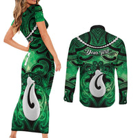Personalised Maori Matariki Hei Matau Kakariki Couples Matching Short Sleeve Bodycon Dress and Long Sleeve Button Shirt Maori Kowhaiwhai Pattern Galaxy LT01 - Polynesian Pride