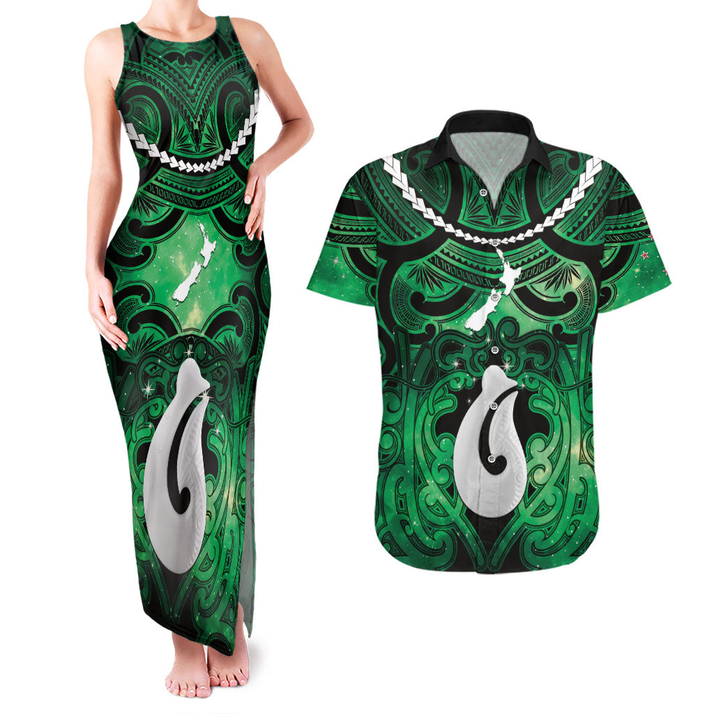 Personalised Maori Matariki Hei Matau Kakariki Couples Matching Tank Maxi Dress and Hawaiian Shirt Maori Kowhaiwhai Pattern Galaxy LT01 Green - Polynesian Pride