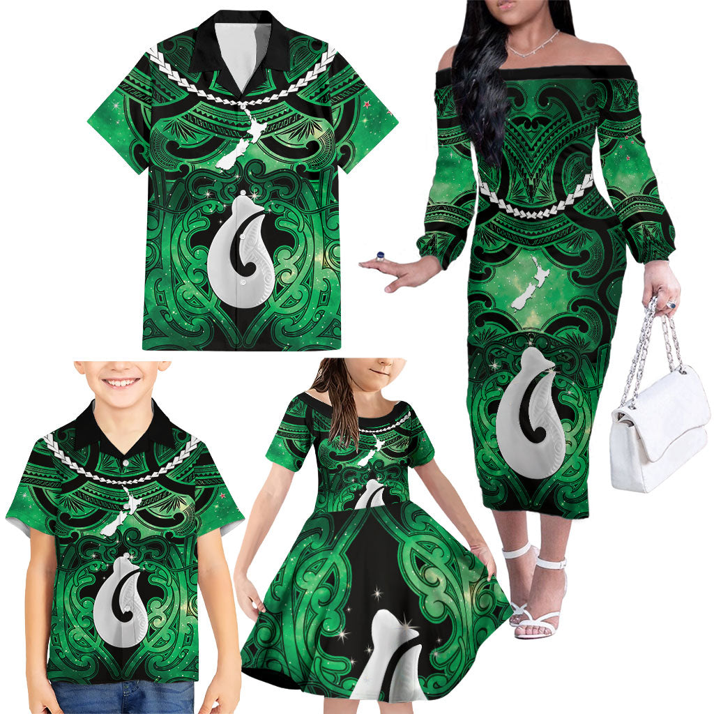 Personalised Maori Matariki Hei Matau Kakariki Family Matching Off The Shoulder Long Sleeve Dress and Hawaiian Shirt Maori Kowhaiwhai Pattern Galaxy LT01 - Polynesian Pride