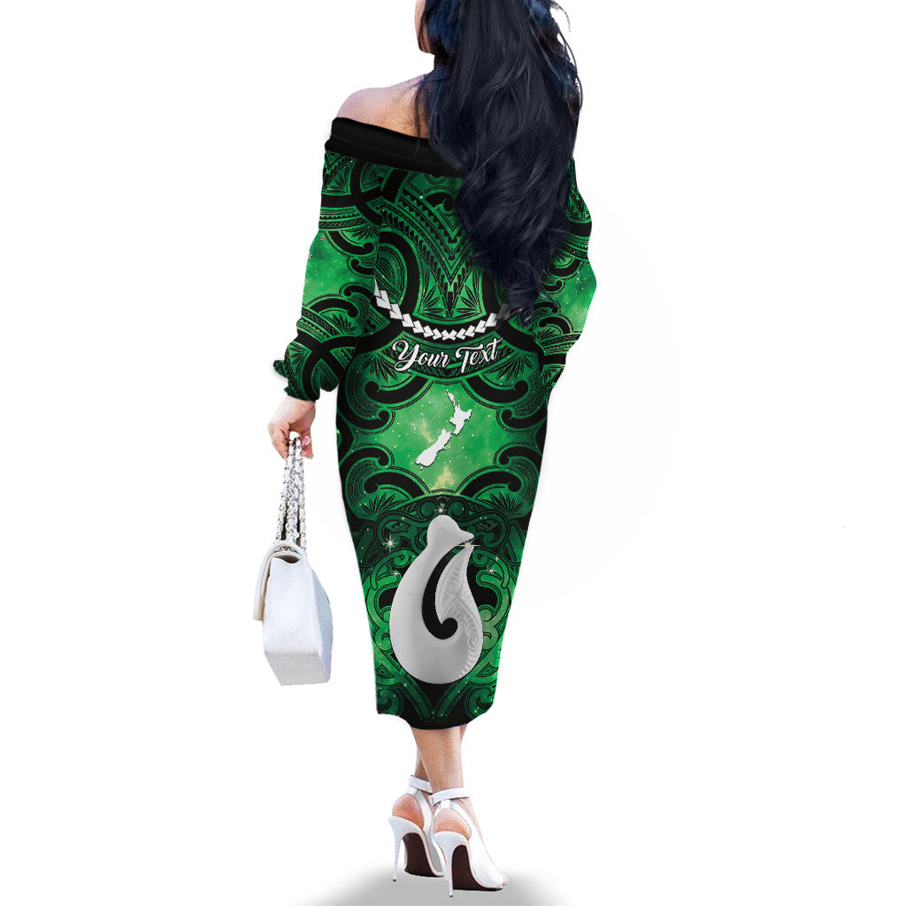 Personalised Maori Matariki Hei Matau Kakariki Family Matching Off The Shoulder Long Sleeve Dress and Hawaiian Shirt Maori Kowhaiwhai Pattern Galaxy LT01 - Polynesian Pride