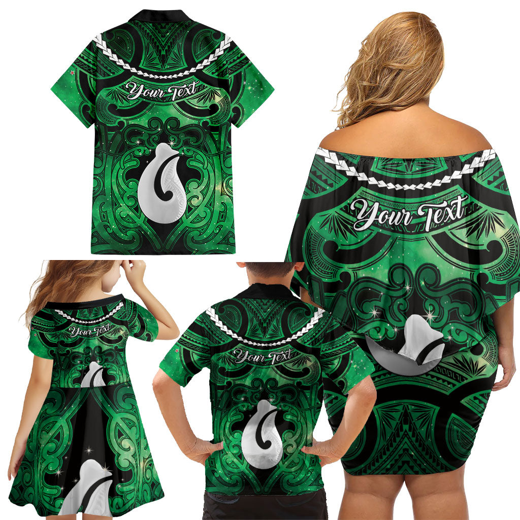 Personalised Maori Matariki Hei Matau Kakariki Family Matching Off Shoulder Short Dress and Hawaiian Shirt Maori Kowhaiwhai Pattern Galaxy LT01 - Polynesian Pride