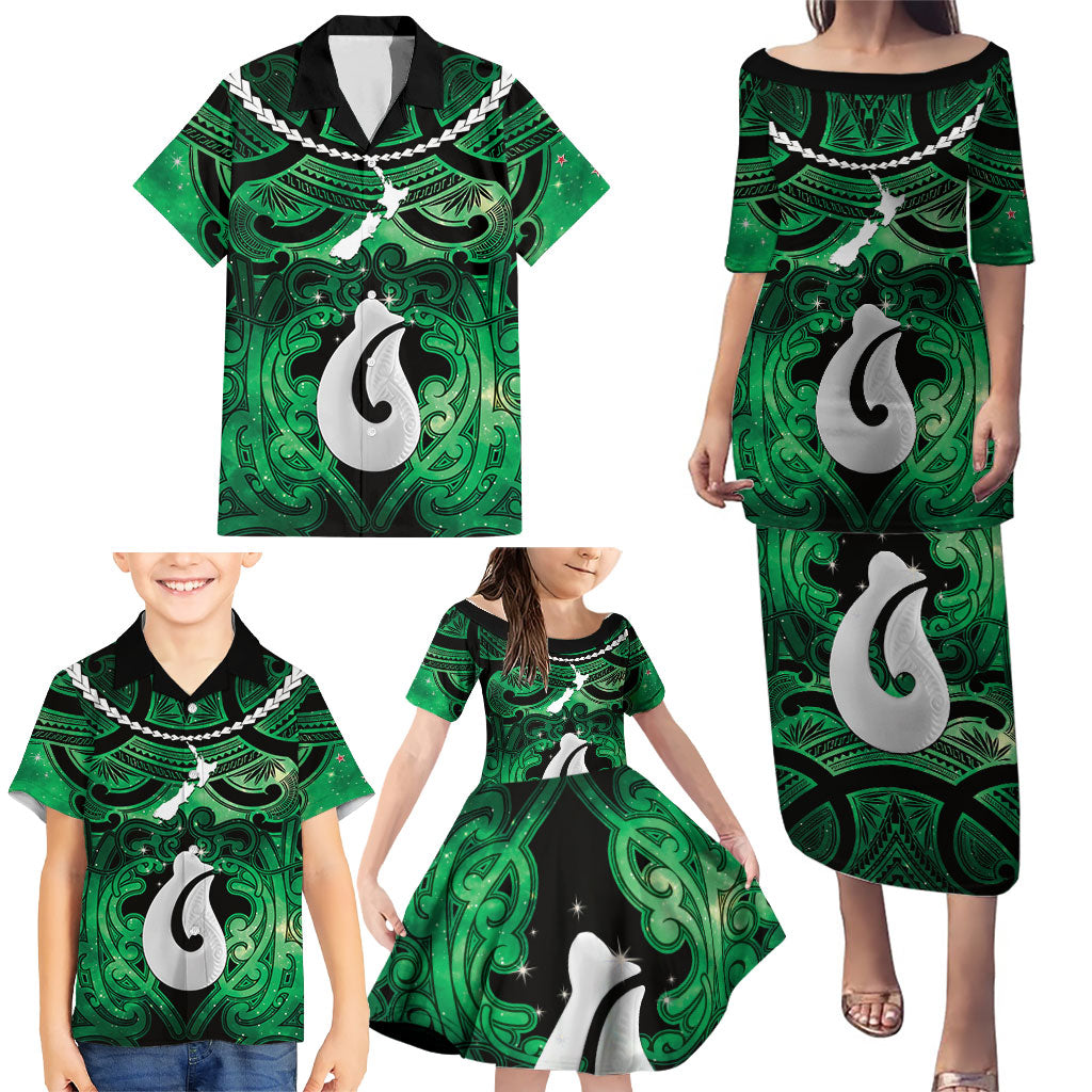 Personalised Maori Matariki Hei Matau Kakariki Family Matching Puletasi and Hawaiian Shirt Maori Kowhaiwhai Pattern Galaxy LT01 - Polynesian Pride