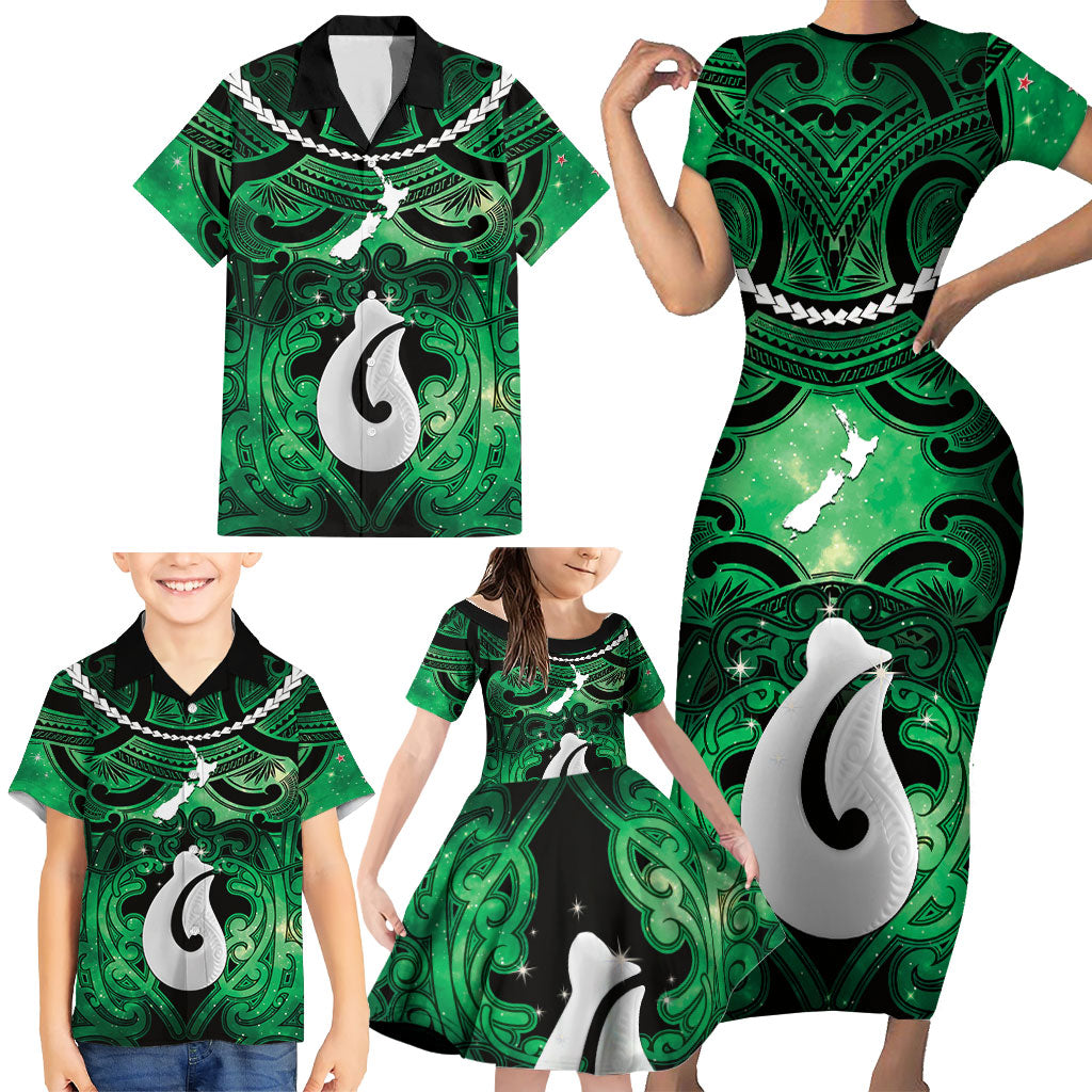 Personalised Maori Matariki Hei Matau Kakariki Family Matching Short Sleeve Bodycon Dress and Hawaiian Shirt Maori Kowhaiwhai Pattern Galaxy LT01 - Polynesian Pride