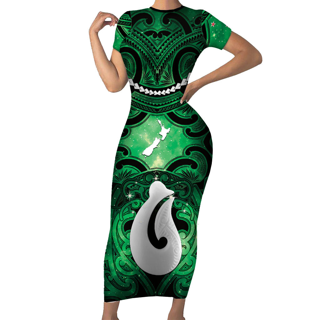 Personalised Maori Matariki Hei Matau Kakariki Family Matching Short Sleeve Bodycon Dress and Hawaiian Shirt Maori Kowhaiwhai Pattern Galaxy LT01 Mom's Dress Green - Polynesian Pride