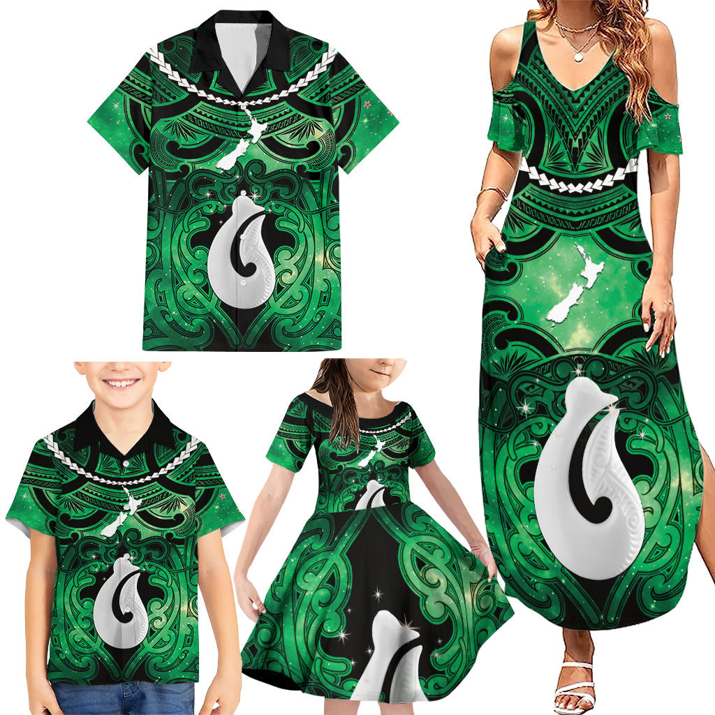 Personalised Maori Matariki Hei Matau Kakariki Family Matching Summer Maxi Dress and Hawaiian Shirt Maori Kowhaiwhai Pattern Galaxy