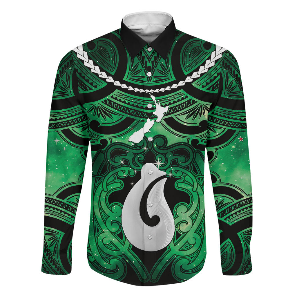 Personalised Maori Matariki Hei Matau Kakariki Family Matching Tank Maxi Dress and Hawaiian Shirt Maori Kowhaiwhai Pattern Galaxy LT01 Dad's Shirt - Long Sleeve Green - Polynesian Pride
