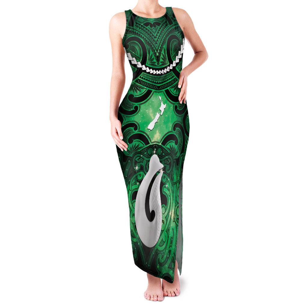 Personalised Maori Matariki Hei Matau Kakariki Family Matching Tank Maxi Dress and Hawaiian Shirt Maori Kowhaiwhai Pattern Galaxy LT01 Mom's Dress Green - Polynesian Pride