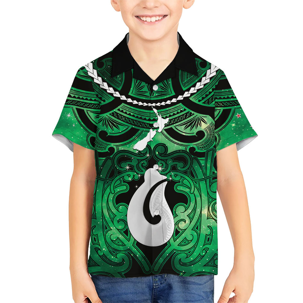Personalised Maori Matariki Hei Matau Kakariki Family Matching Tank Maxi Dress and Hawaiian Shirt Maori Kowhaiwhai Pattern Galaxy LT01 Son's Shirt Green - Polynesian Pride