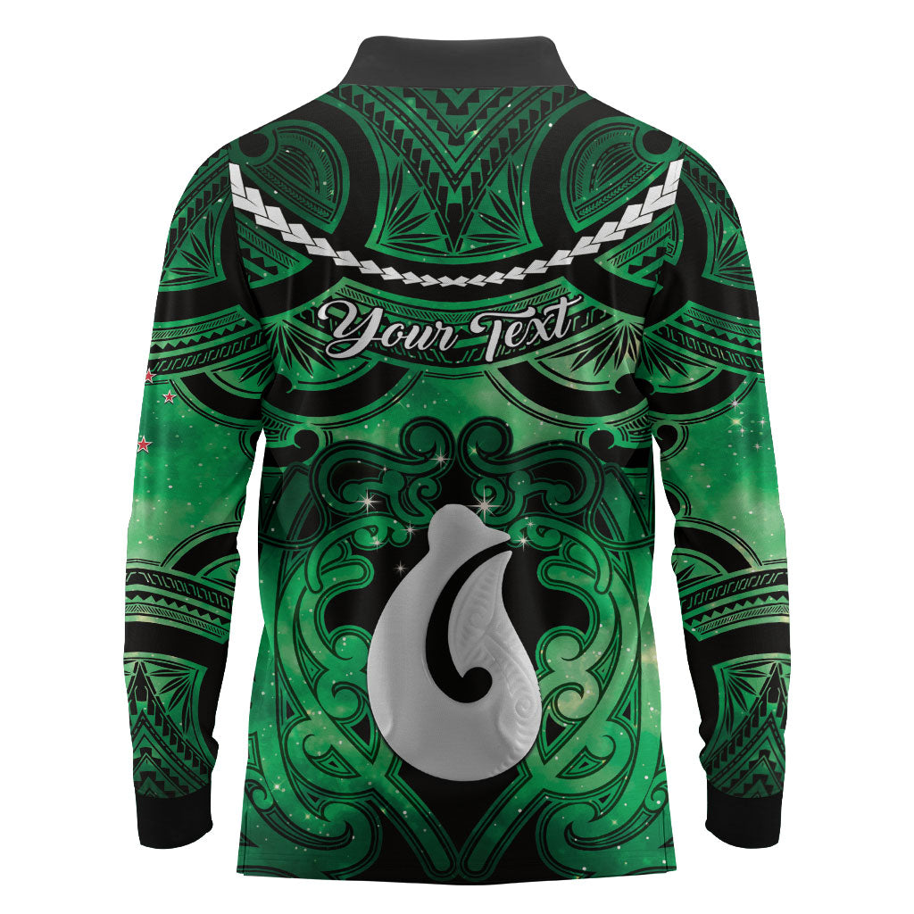Personalised Maori Matariki Hei Matau Kakariki Long Sleeve Polo Shirt Maori Kowhaiwhai Pattern Galaxy