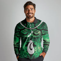 Personalised Maori Matariki Hei Matau Kakariki Long Sleeve Polo Shirt Maori Kowhaiwhai Pattern Galaxy