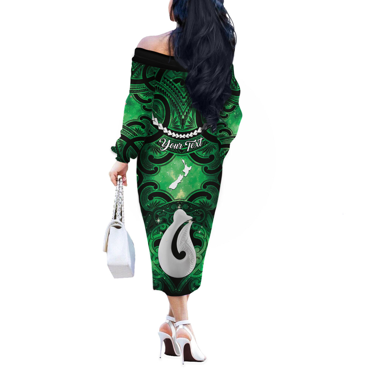 Personalised Maori Matariki Hei Matau Kakariki Off The Shoulder Long Sleeve Dress Maori Kowhaiwhai Pattern Galaxy