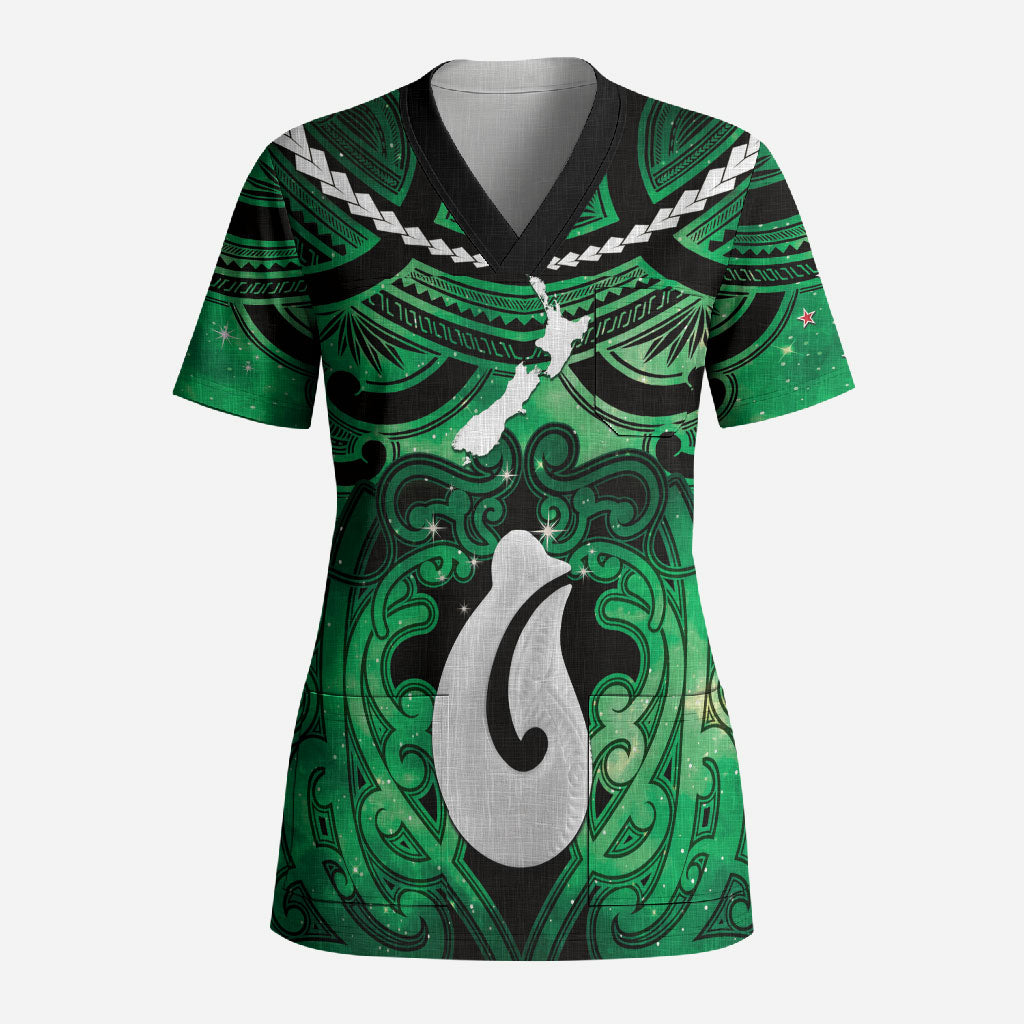 Personalised Maori Matariki Hei Matau Kakariki Scrub Top Maori Kowhaiwhai Pattern Galaxy