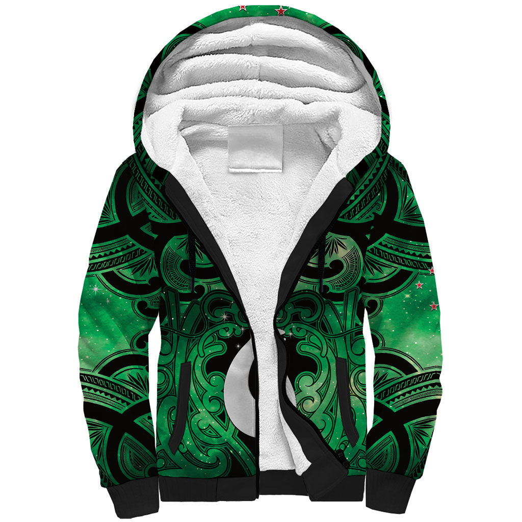 Personalised Maori Matariki Hei Matau Kakariki Sherpa Hoodie Maori Kowhaiwhai Pattern Galaxy