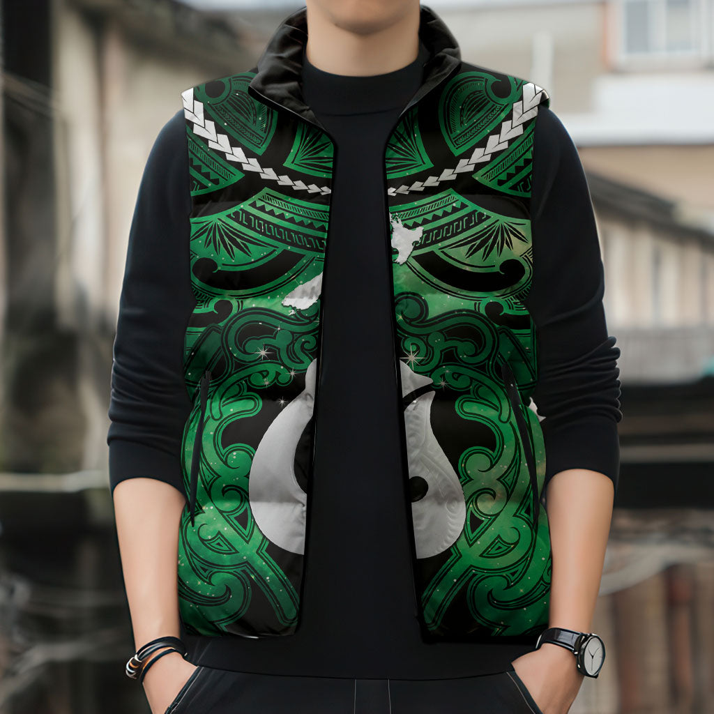 Personalised Maori Matariki Hei Matau Kakariki Sleeveless Puffer Jacket Maori Kowhaiwhai Pattern Galaxy