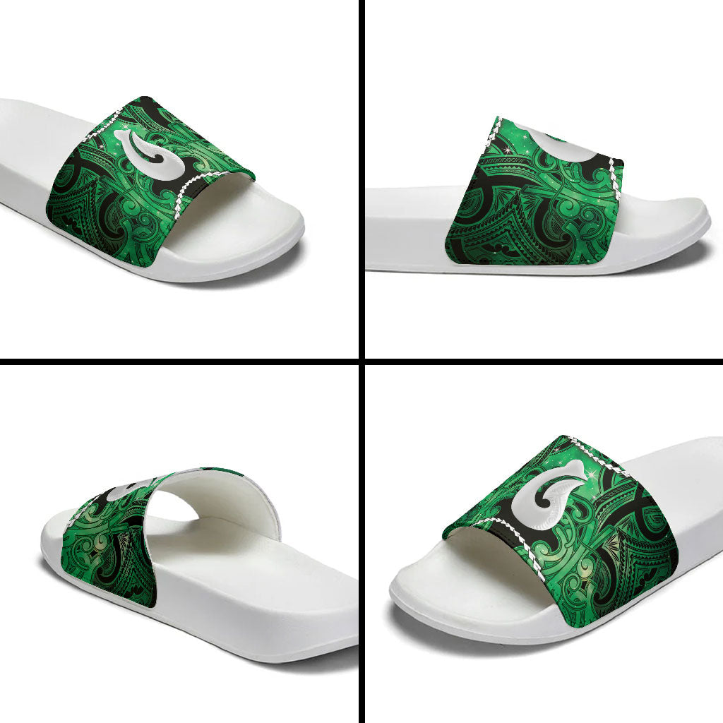 Maori Matariki Hei Matau Kakariki Slide Sandals Maori Kowhaiwhai Pattern Galaxy