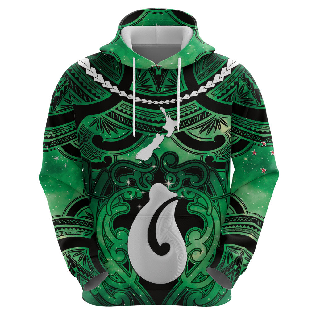 Personalised Maori Matariki Hei Matau Kakariki Zip Hoodie Maori Kowhaiwhai Pattern Galaxy