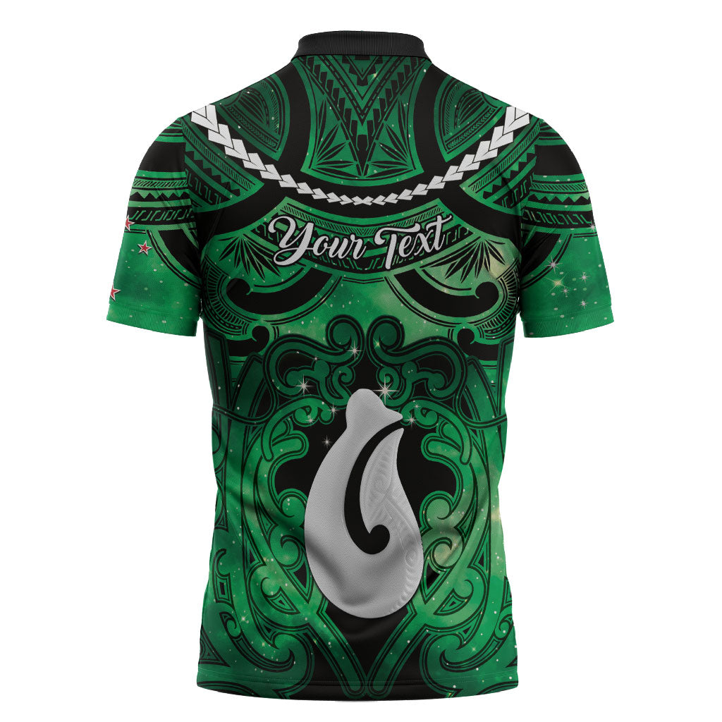 Personalised Maori Matariki Hei Matau Kakariki Zipper Polo Shirt Maori Kowhaiwhai Pattern Galaxy