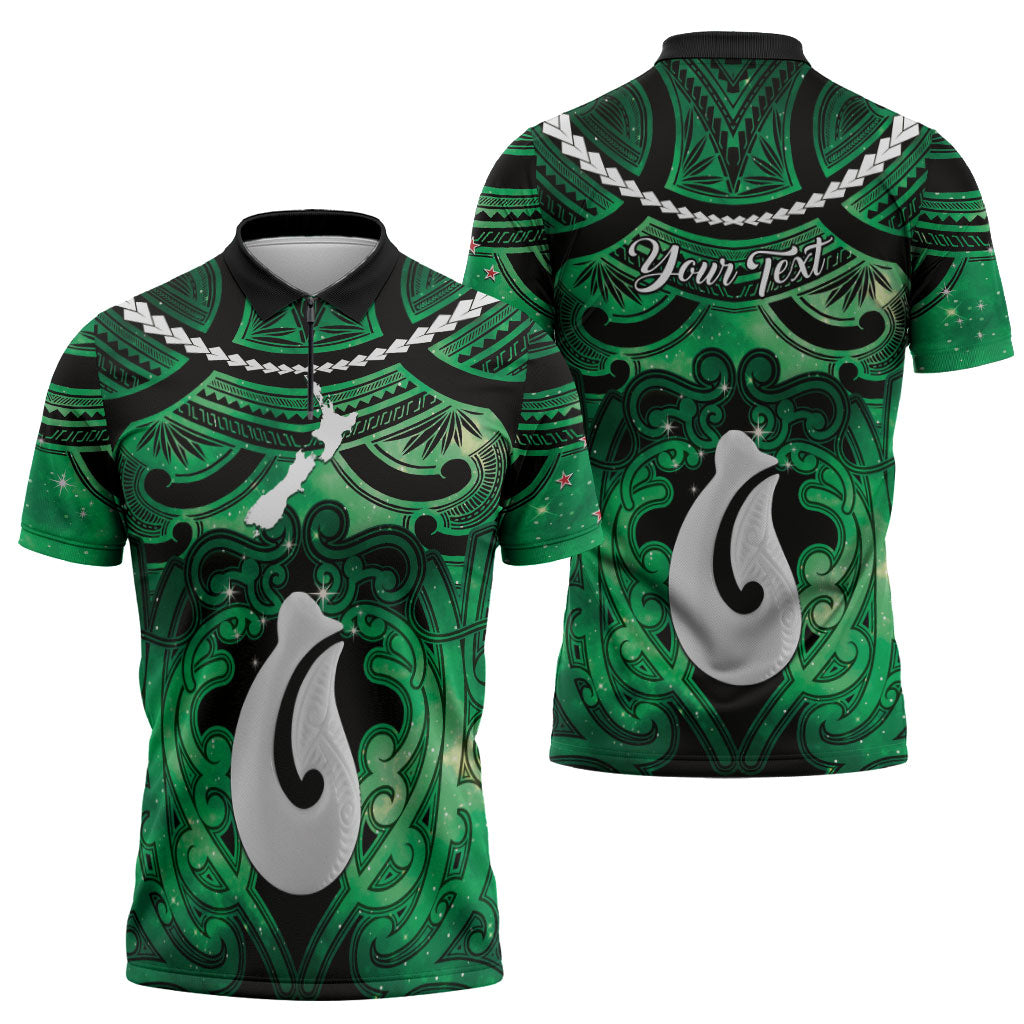 Personalised Maori Matariki Hei Matau Kakariki Zipper Polo Shirt Maori Kowhaiwhai Pattern Galaxy