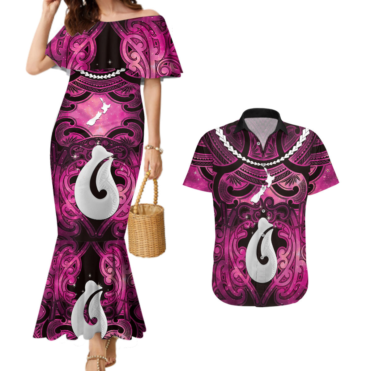 Personalised Maori Matariki Hei Matau Mawhero Couples Matching Mermaid Dress and Hawaiian Shirt Maori Kowhaiwhai Pattern Galaxy LT01 Pink - Polynesian Pride
