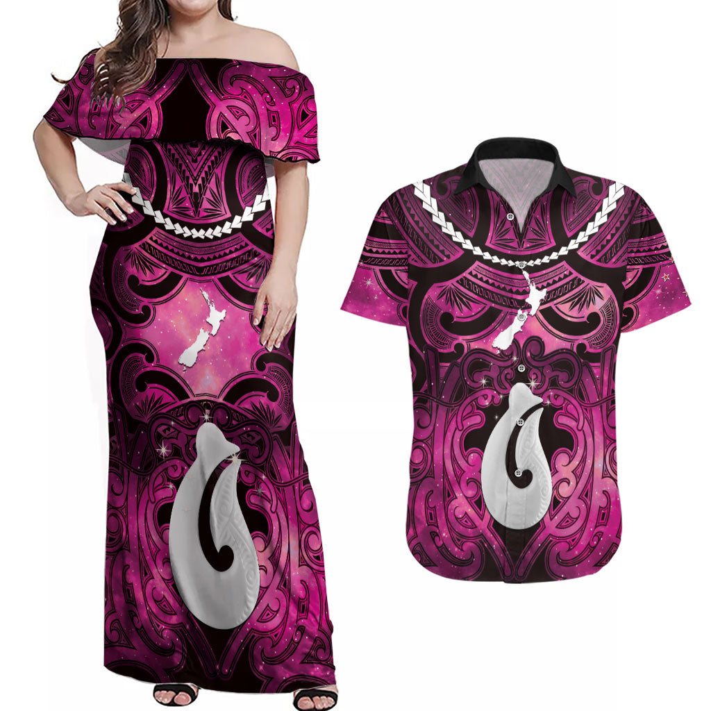 Personalised Maori Matariki Hei Matau Mawhero Couples Matching Off Shoulder Maxi Dress and Hawaiian Shirt Maori Kowhaiwhai Pattern Galaxy LT01 Pink - Polynesian Pride