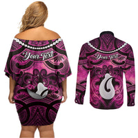 Personalised Maori Matariki Hei Matau Mawhero Couples Matching Off Shoulder Short Dress and Long Sleeve Button Shirt Maori Kowhaiwhai Pattern Galaxy