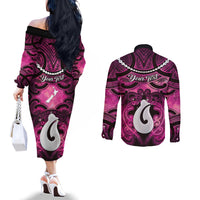 Personalised Maori Matariki Hei Matau Mawhero Couples Matching Off The Shoulder Long Sleeve Dress and Long Sleeve Button Shirt Maori Kowhaiwhai Pattern Galaxy LT01 - Polynesian Pride