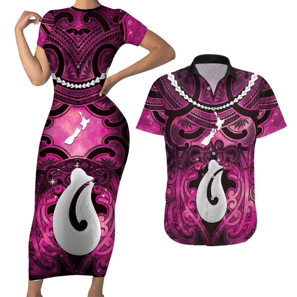Personalised Maori Matariki Hei Matau Mawhero Couples Matching Short Sleeve Bodycon Dress and Hawaiian Shirt Maori Kowhaiwhai Pattern Galaxy LT01 Pink - Polynesian Pride