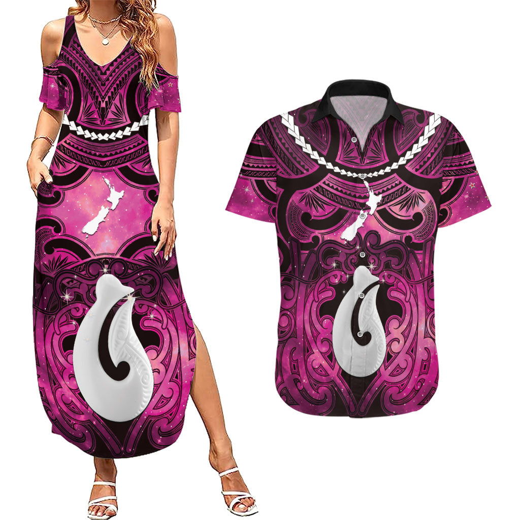 Personalised Maori Matariki Hei Matau Mawhero Couples Matching Summer Maxi Dress and Hawaiian Shirt Maori Kowhaiwhai Pattern Galaxy LT01 Pink - Polynesian Pride