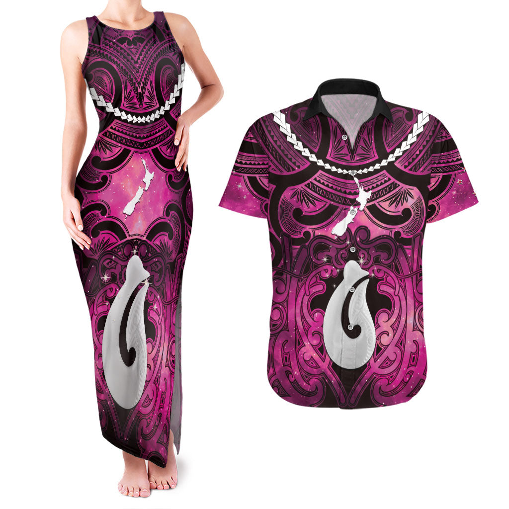 Personalised Maori Matariki Hei Matau Mawhero Couples Matching Tank Maxi Dress and Hawaiian Shirt Maori Kowhaiwhai Pattern Galaxy LT01 Pink - Polynesian Pride