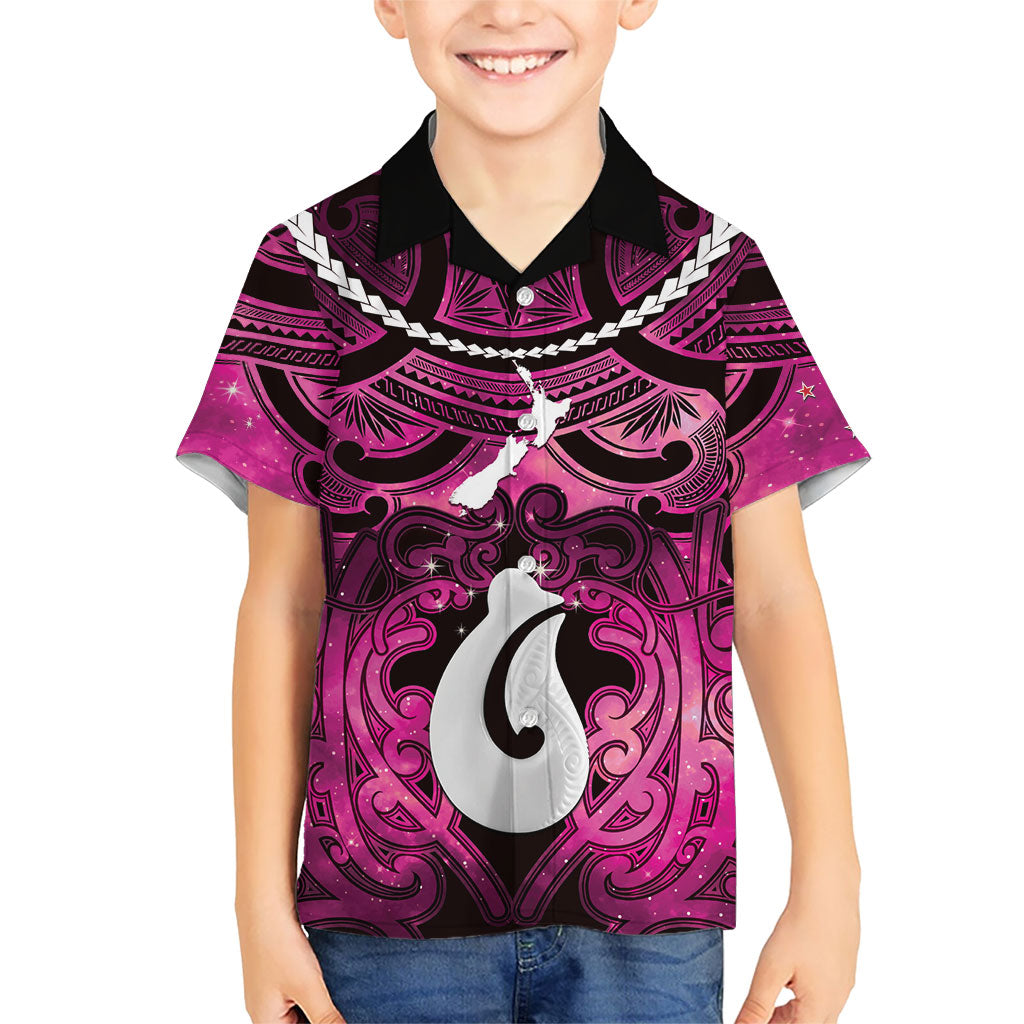 Personalised Maori Matariki Hei Matau Mawhero Family Matching Mermaid Dress and Hawaiian Shirt Maori Kowhaiwhai Pattern Galaxy LT01 Son's Shirt Pink - Polynesian Pride