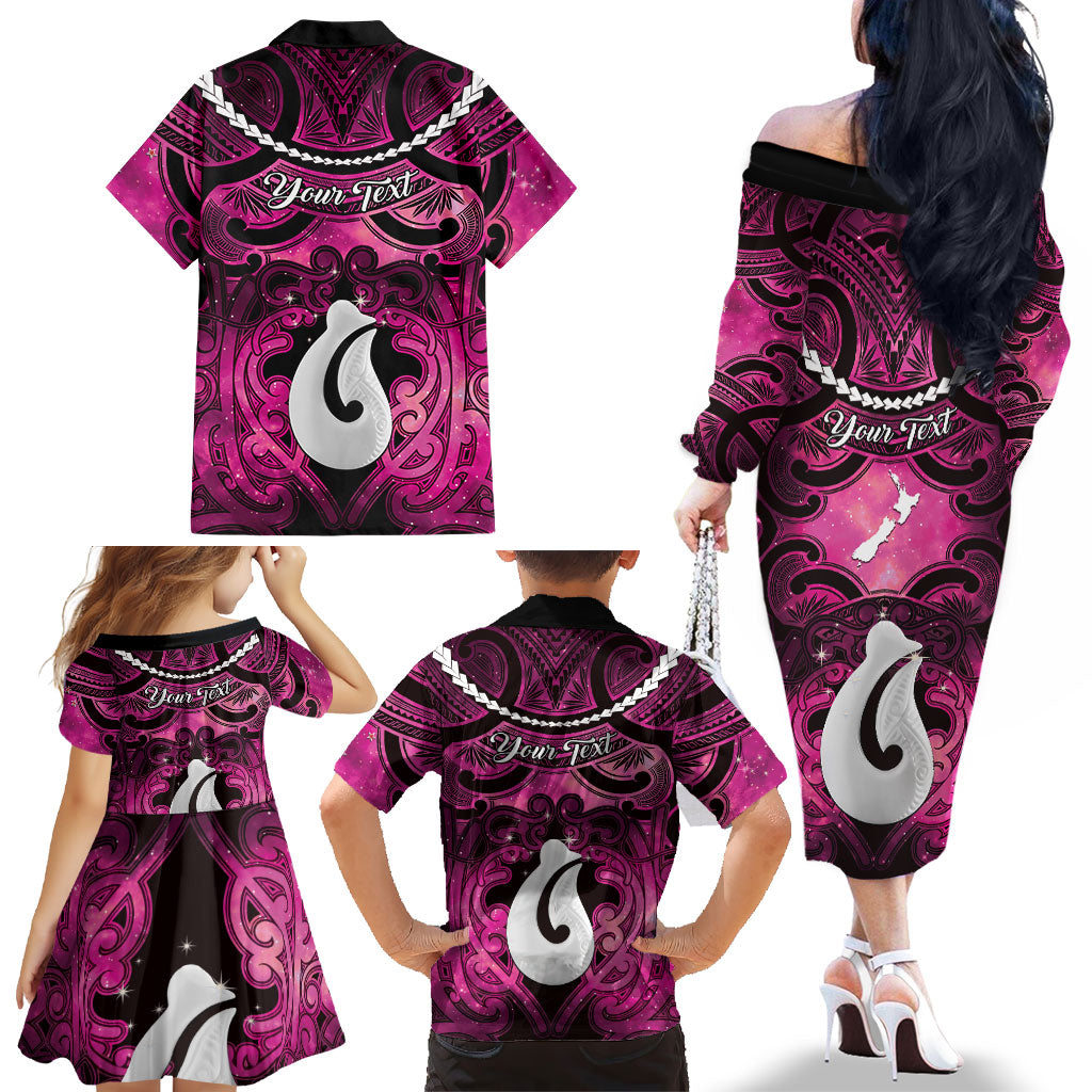 Personalised Maori Matariki Hei Matau Mawhero Family Matching Off The Shoulder Long Sleeve Dress and Hawaiian Shirt Maori Kowhaiwhai Pattern Galaxy LT01 - Polynesian Pride