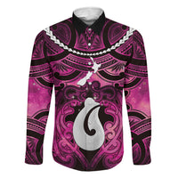 Personalised Maori Matariki Hei Matau Mawhero Family Matching Puletasi and Hawaiian Shirt Maori Kowhaiwhai Pattern Galaxy LT01 Dad's Shirt - Long Sleeve Pink - Polynesian Pride