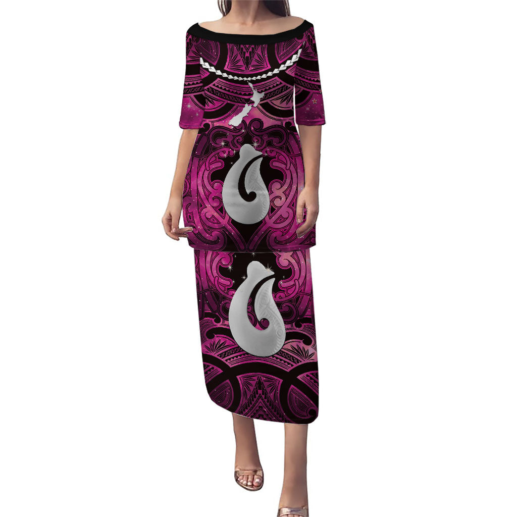 Personalised Maori Matariki Hei Matau Mawhero Family Matching Puletasi and Hawaiian Shirt Maori Kowhaiwhai Pattern Galaxy LT01 Mom's Dress Pink - Polynesian Pride