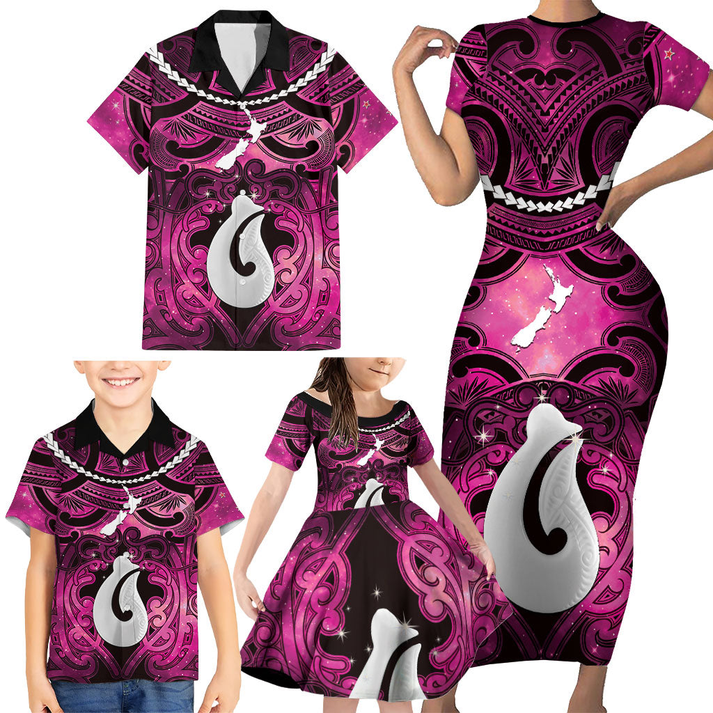 Personalised Maori Matariki Hei Matau Mawhero Family Matching Short Sleeve Bodycon Dress and Hawaiian Shirt Maori Kowhaiwhai Pattern Galaxy LT01 - Polynesian Pride