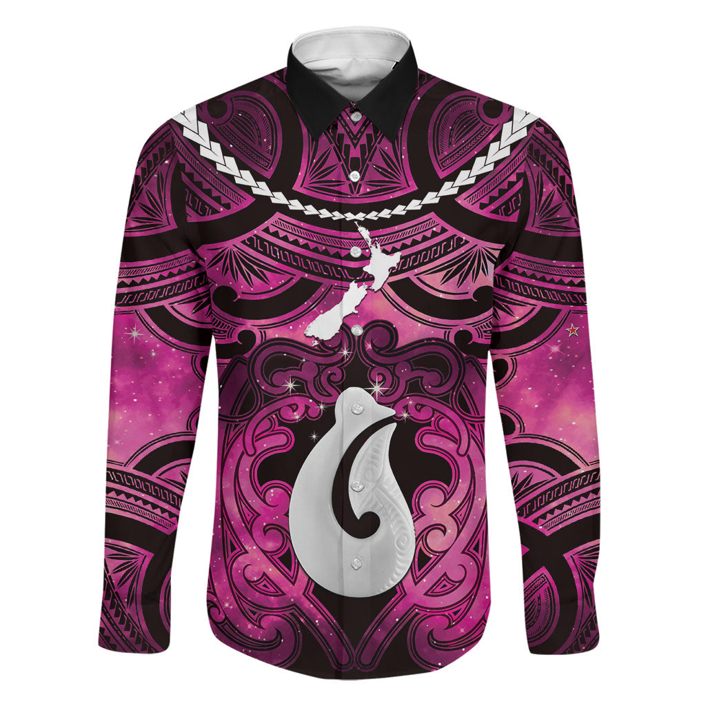 Personalised Maori Matariki Hei Matau Mawhero Family Matching Summer Maxi Dress and Hawaiian Shirt Maori Kowhaiwhai Pattern Galaxy LT01 Dad's Shirt - Long Sleeve Pink - Polynesian Pride