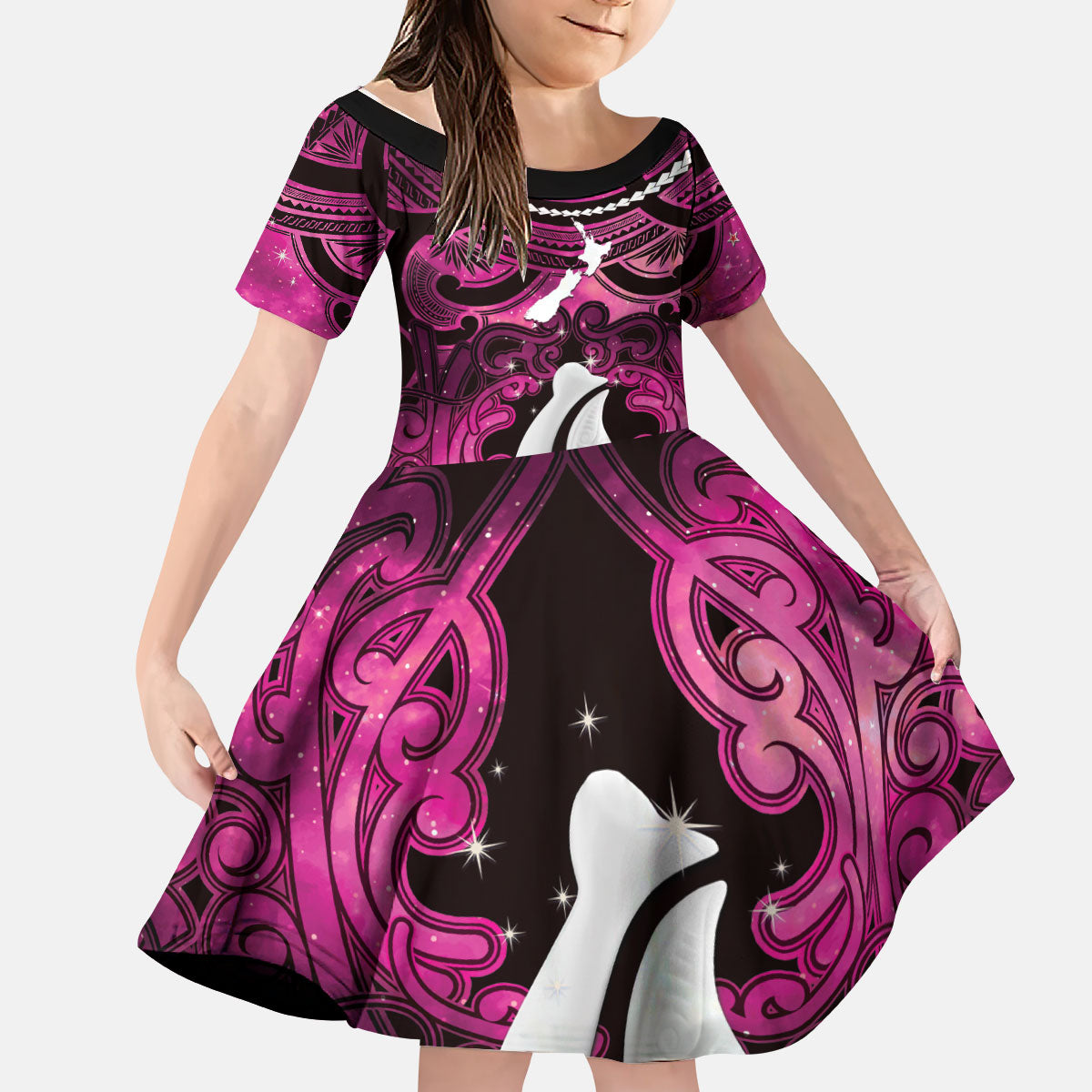 Personalised Maori Matariki Hei Matau Mawhero Kid Short Sleeve Dress Maori Kowhaiwhai Pattern Galaxy