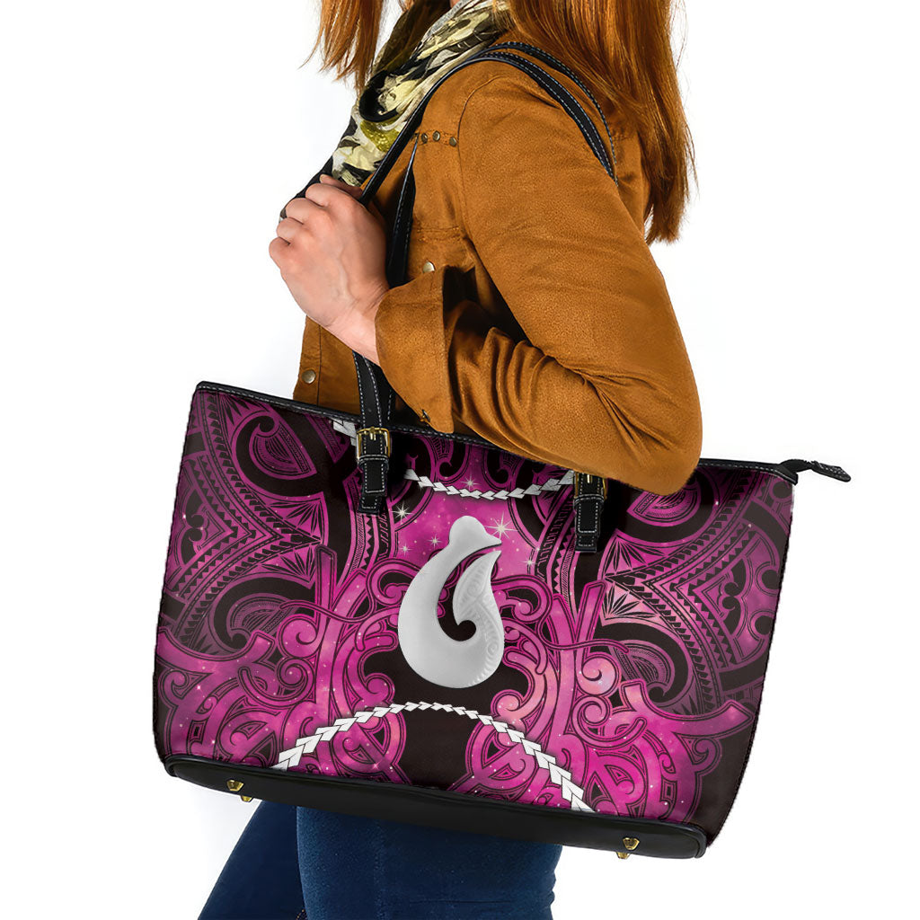 Maori Matariki Hei Matau Mawhero Leather Tote Bag Maori Kowhaiwhai Pattern Galaxy