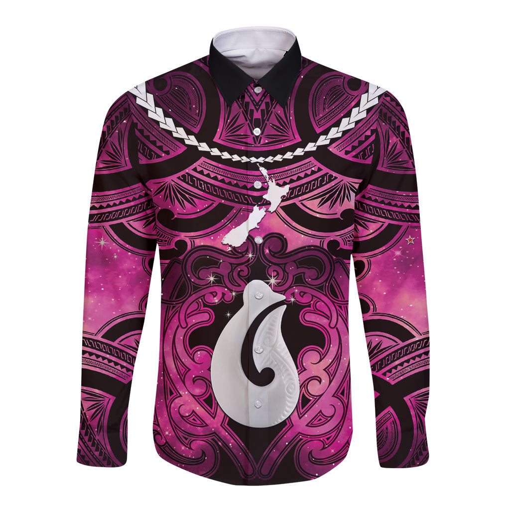 Personalised Maori Matariki Hei Matau Mawhero Long Sleeve Button Shirt Maori Kowhaiwhai Pattern Galaxy