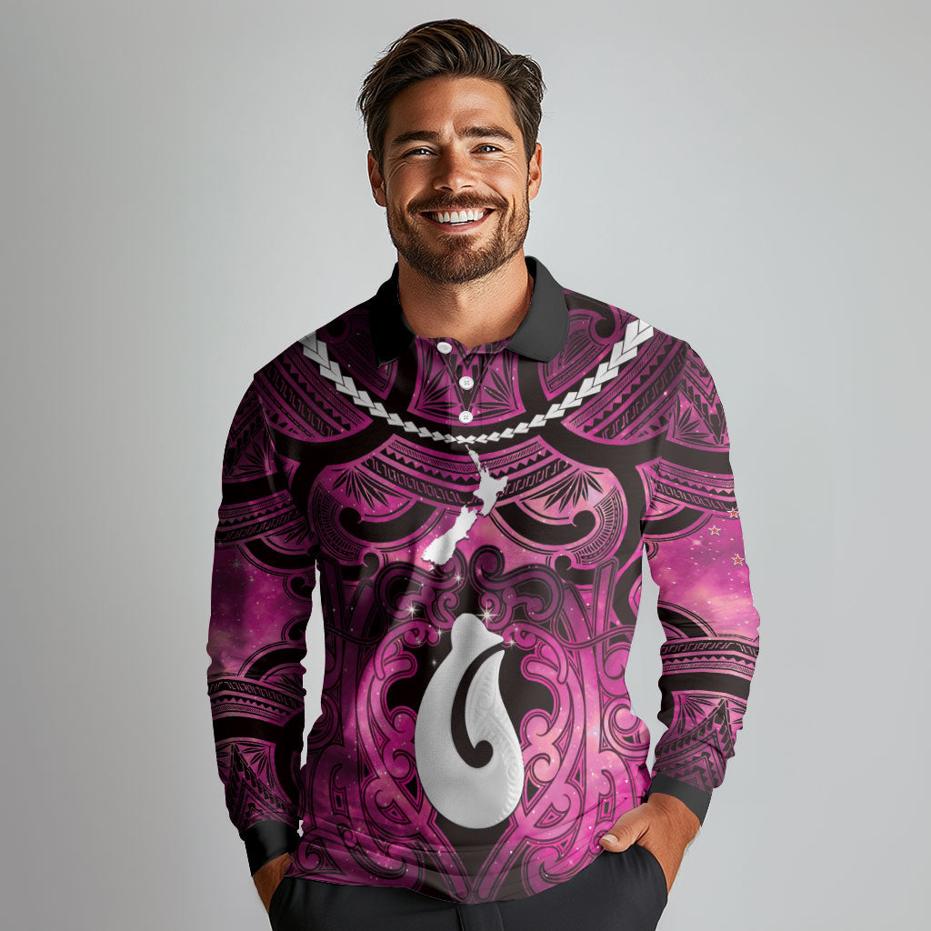 Personalised Maori Matariki Hei Matau Mawhero Long Sleeve Polo Shirt Maori Kowhaiwhai Pattern Galaxy