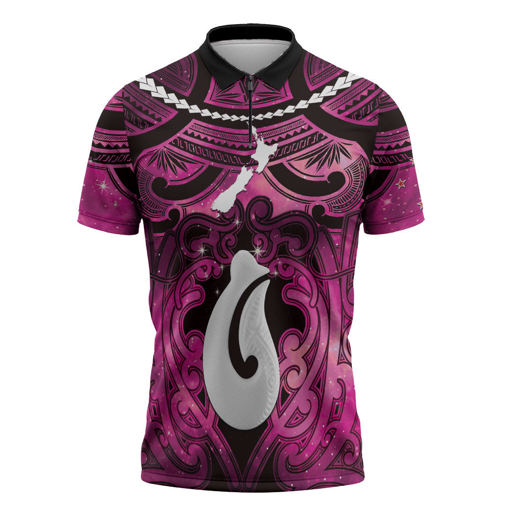 Personalised Maori Matariki Hei Matau Mawhero Zipper Polo Shirt Maori Kowhaiwhai Pattern Galaxy