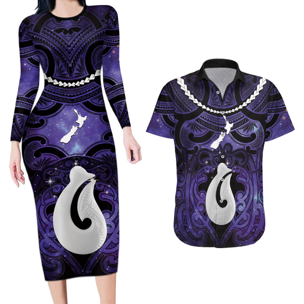 Personalised Maori Matariki Hei Matau Waiporoporo Couples Matching Long Sleeve Bodycon Dress and Hawaiian Shirt Maori Kowhaiwhai Pattern Galaxy LT01 Purple - Polynesian Pride
