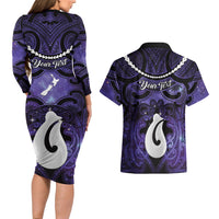 Personalised Maori Matariki Hei Matau Waiporoporo Couples Matching Long Sleeve Bodycon Dress and Hawaiian Shirt Maori Kowhaiwhai Pattern Galaxy LT01 - Polynesian Pride
