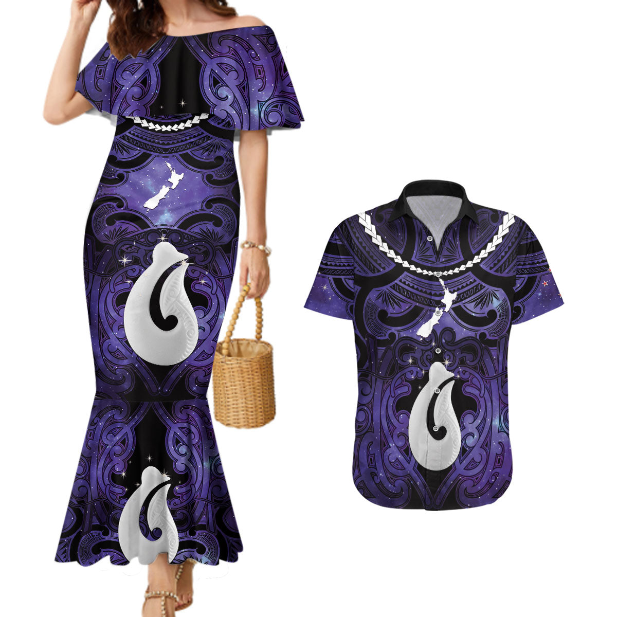 Personalised Maori Matariki Hei Matau Waiporoporo Couples Matching Mermaid Dress and Hawaiian Shirt Maori Kowhaiwhai Pattern Galaxy LT01 Purple - Polynesian Pride