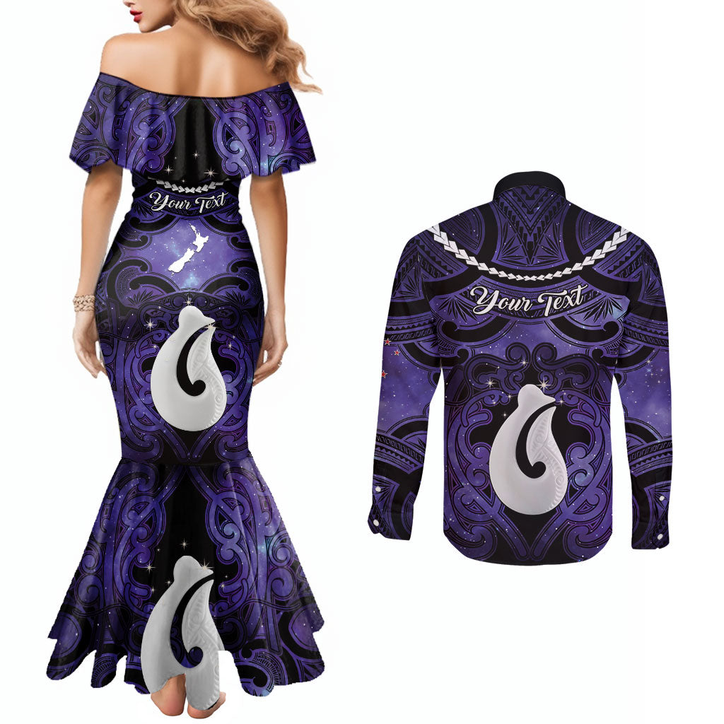 Personalised Maori Matariki Hei Matau Waiporoporo Couples Matching Mermaid Dress and Long Sleeve Button Shirt Maori Kowhaiwhai Pattern Galaxy LT01 - Polynesian Pride