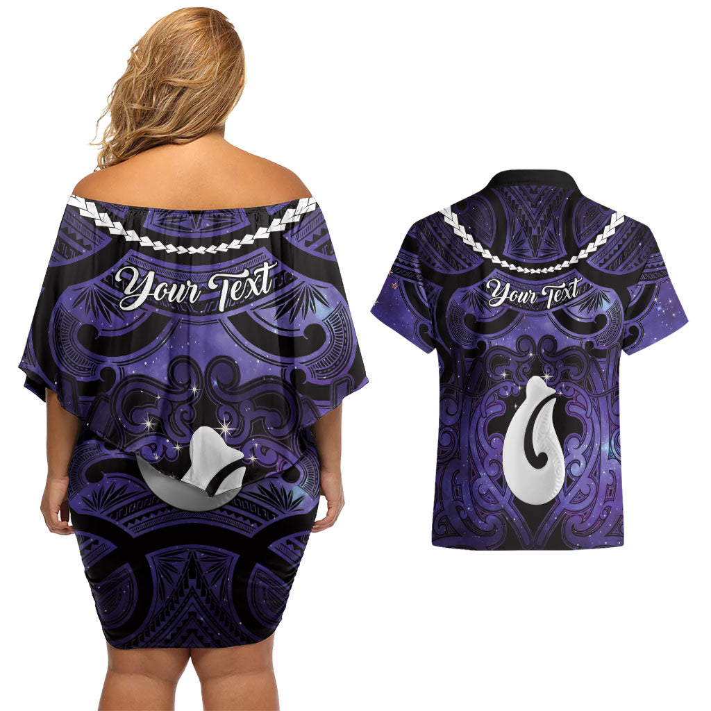 Personalised Maori Matariki Hei Matau Waiporoporo Couples Matching Off Shoulder Short Dress and Hawaiian Shirt Maori Kowhaiwhai Pattern Galaxy LT01 - Polynesian Pride