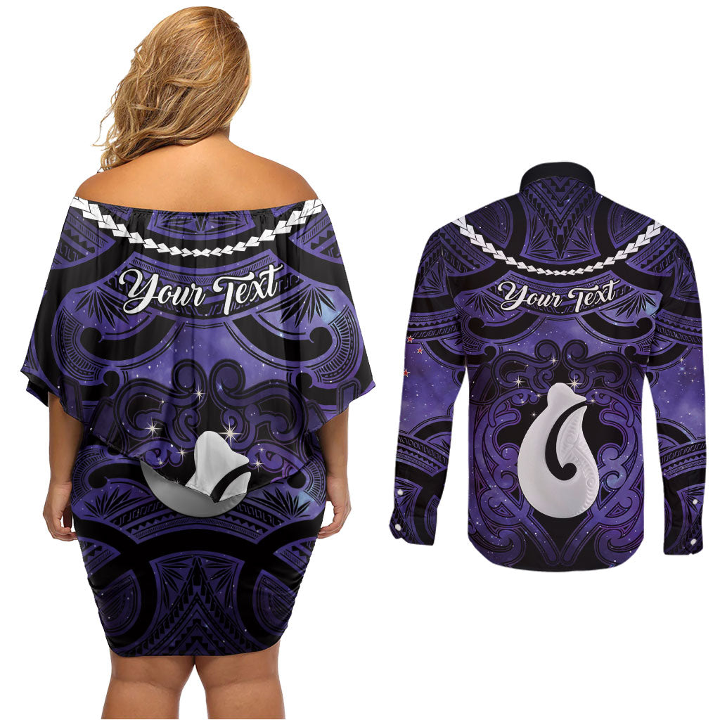 Personalised Maori Matariki Hei Matau Waiporoporo Couples Matching Off Shoulder Short Dress and Long Sleeve Button Shirt Maori Kowhaiwhai Pattern Galaxy