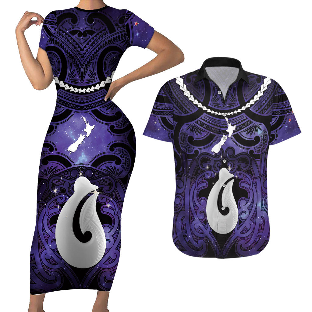 Personalised Maori Matariki Hei Matau Waiporoporo Couples Matching Short Sleeve Bodycon Dress and Hawaiian Shirt Maori Kowhaiwhai Pattern Galaxy LT01 Purple - Polynesian Pride